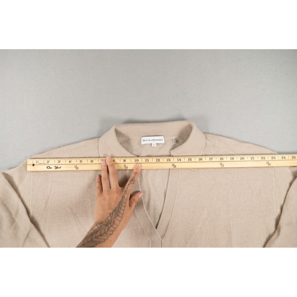 White + Warren Womens Cashmere Oversized V-Neck Polo Sweater Beige Large - Picture 4 of 7